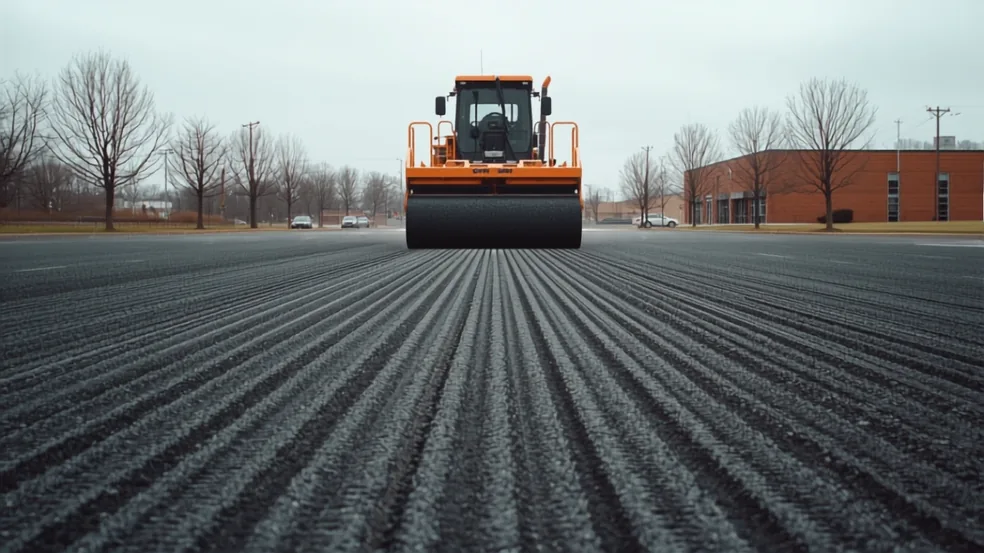 A cold planer milling the top layer from a commercial lot, leaving the distinctive corrugated ribbed texture behind it, bare trees along the property line
