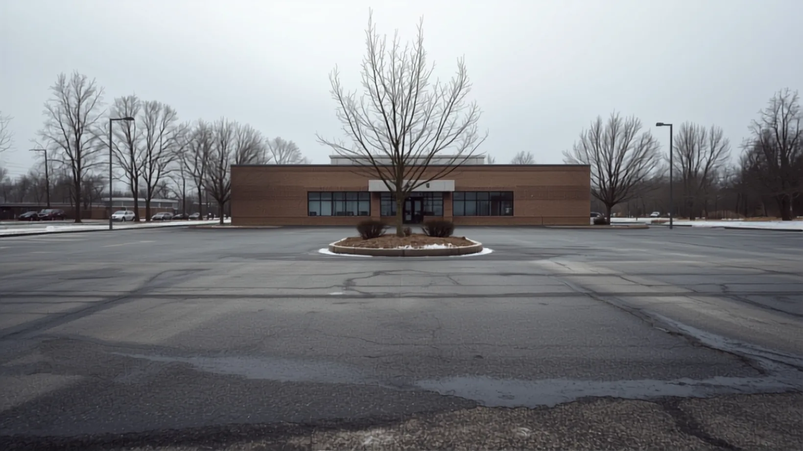 A commercial parking lot in Northeast Ohio in late winter, its surface patched and cracked, snow lying along the edges and bare trees on the property line