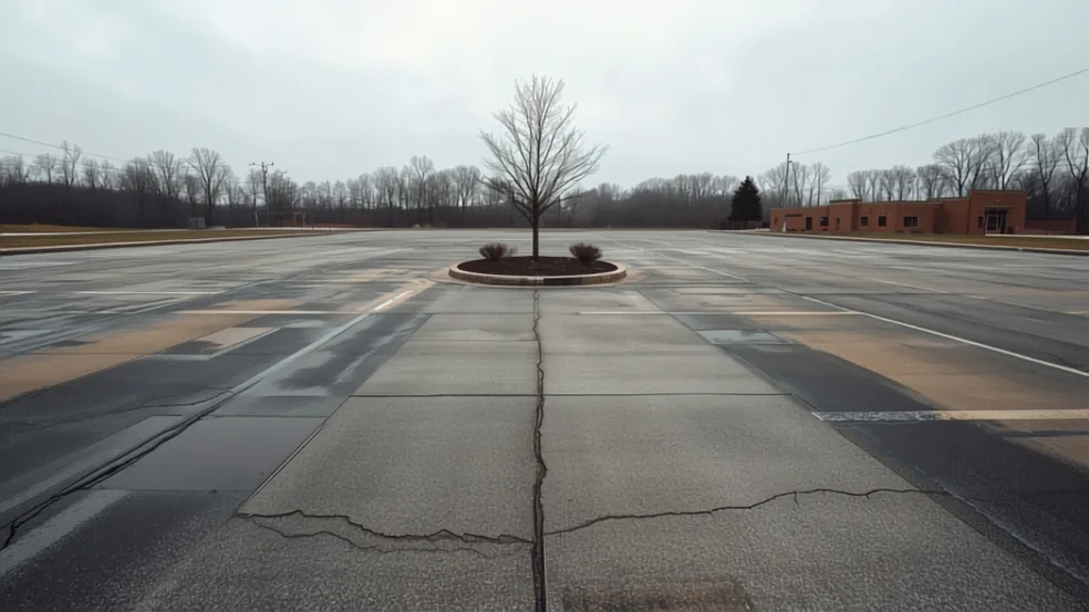 A wide ageing commercial parking lot on an overcast winter day, its surface carrying patches in several different shades and cracks running through the foreground